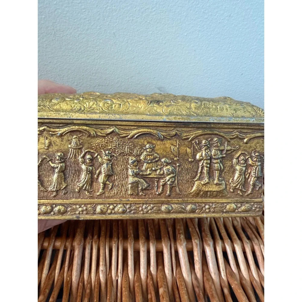 Vintage Ornate Gold Tone Brass Metal Tavern Scene Repousse Jewelry Trinket Box